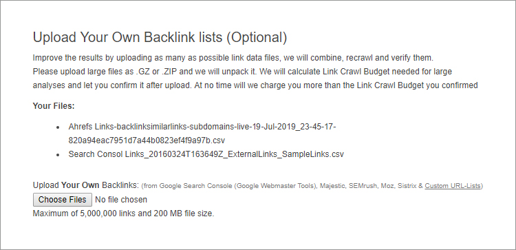 Upload your own backlinks lists